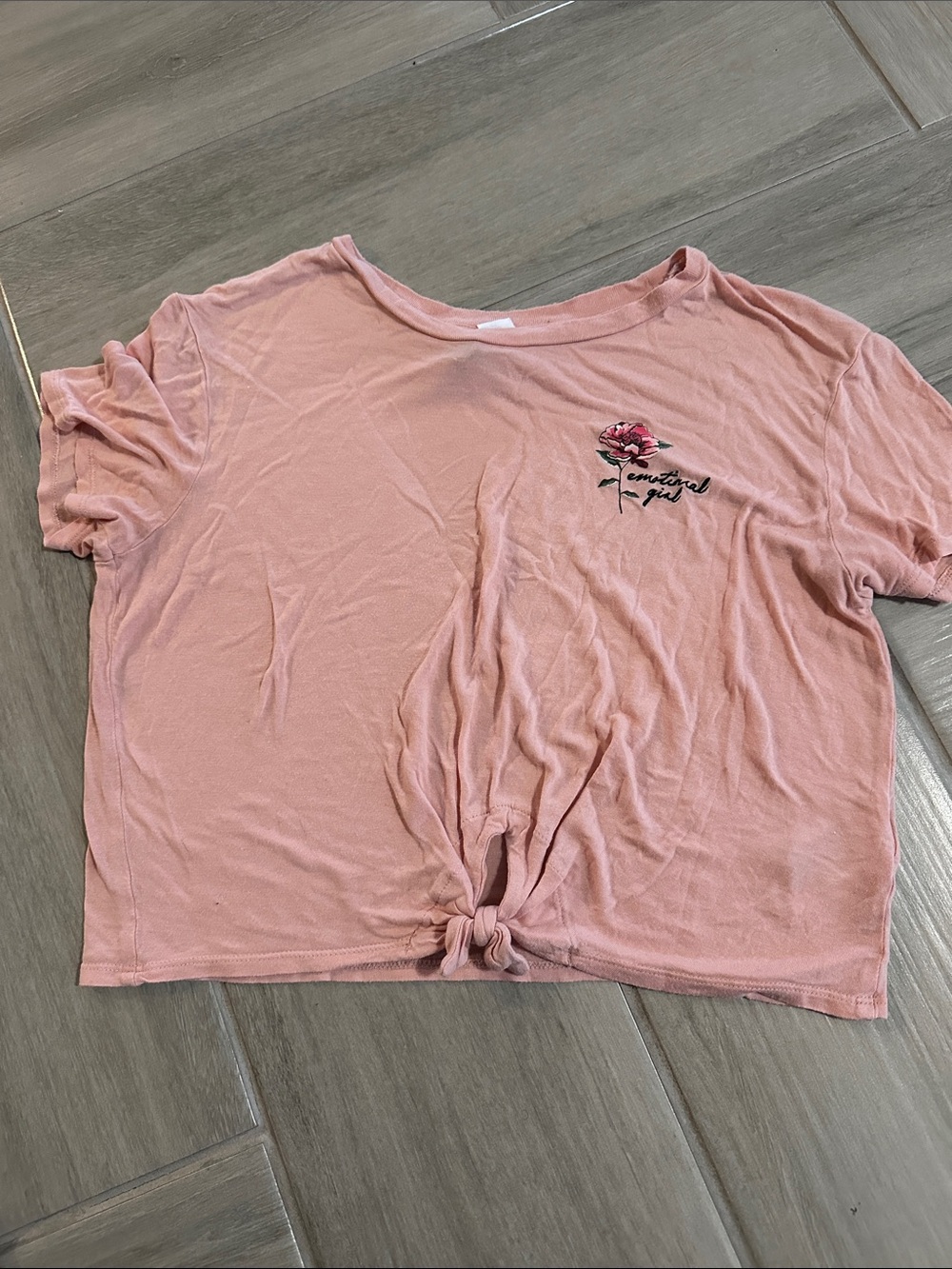 Women's Pink Knot-Front Crop Tee with Rose Embroidery “emotional girl”